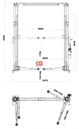 KraftWell KRW4.2MA Подъемник двухстоечный г/п 4200 кг. с развернутыми каретками, высота: 4200 мм