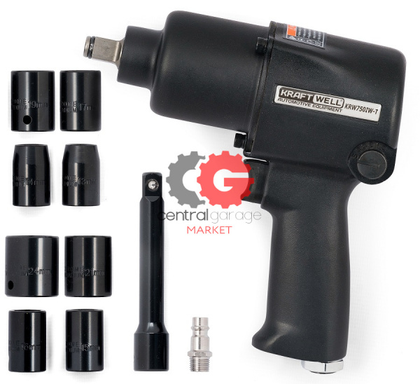 KraftWell KRW750IW-T Гайковерт пневматический ударный 1/2" с комплектом ударных головок, 780 Нм