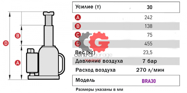 MEGA MGH-30 Домкрат бутылочный пневмогидравлический г/п 30 т.